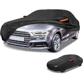 Universal Full Exterior Sedan Car Cover Waterproof All Weather Outdoor Full Cover Rain Sun UV Protection 190T-PU Black Fit for Sedan Length 178" to 186"