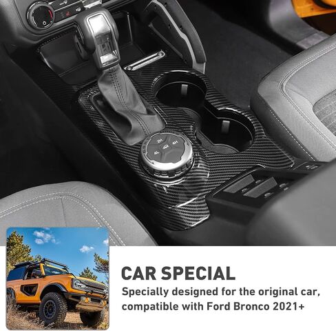Carbon Fiber Black Center Console Gear Shift Cover Cup Holder Trim Center Console Gear Shifter Panel Cover Compatible with Ford Bronco Interior Accessories 2021 2022+ in Saudi Arabia