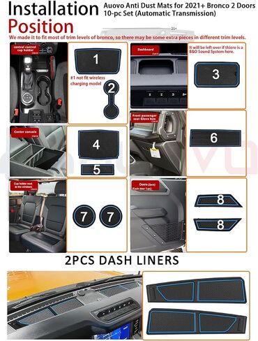 حصيرة Auovo المضادة للغبار متوافقة مع ملحقات Ford Bronco 2021 2022 2023 2024 بساط لوحة القيادة حامل الأكواب بطانات باب وحدة التحكم المركزية (ناقل حركة أوتوماتيكي) (زخرفة رمادية، 4 أبواب) in Kuwait