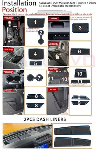حصيرة Auovo المضادة للغبار متوافقة مع ملحقات Ford Bronco 2021 2022 2023 2024 بساط لوحة القيادة حامل الأكواب بطانات باب وحدة التحكم المركزية (ناقل حركة أوتوماتيكي) (زخرفة رمادية، 4 أبواب) in Kuwait
