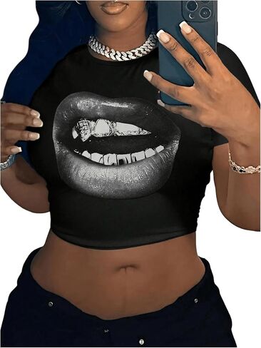 WDIRARA Women's Graphic Lip Print Crop Tee Shirt Round Neck Short Sleeve T-Shirt Slim Fit Top in Kuwait