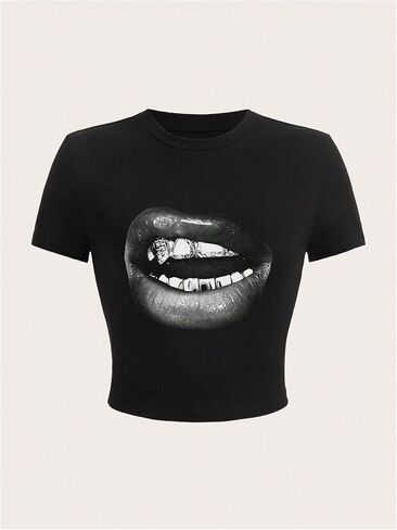 WDIRARA Women's Graphic Lip Print Crop Tee Shirt Round Neck Short Sleeve T-Shirt Slim Fit Top in Kuwait