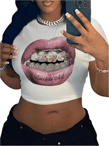 WDIRARA Women's Graphic Lip Print Crop Tee Shirt Round Neck Short Sleeve T-Shirt Slim Fit Top in Kuwait