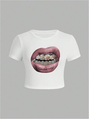 WDIRARA Women's Graphic Lip Print Crop Tee Shirt Round Neck Short Sleeve T-Shirt Slim Fit Top in Kuwait