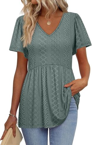 OFEEFAN Womens Summer Tops Babydoll Short Sleeve Shirts Puff Sleeve Peplum Tops V Neck T Shirts in Saudi Arabia