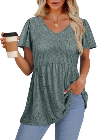 OFEEFAN Womens Summer Tops Babydoll Short Sleeve Shirts Puff Sleeve Peplum Tops V Neck T Shirts in Saudi Arabia