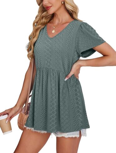 OFEEFAN Womens Summer Tops Babydoll Short Sleeve Shirts Puff Sleeve Peplum Tops V Neck T Shirts in Saudi Arabia