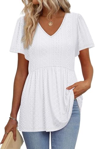 OFEEFAN Womens Summer Tops Babydoll Short Sleeve Shirts Puff Sleeve Peplum Tops V Neck T Shirts in Saudi Arabia