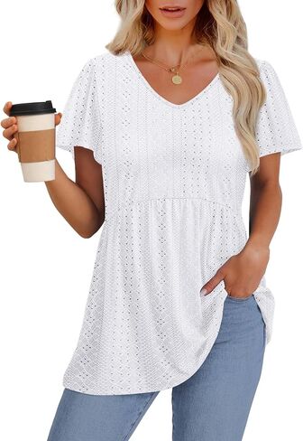 OFEEFAN Womens Summer Tops Babydoll Short Sleeve Shirts Puff Sleeve Peplum Tops V Neck T Shirts in Saudi Arabia