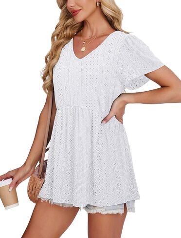 OFEEFAN Womens Summer Tops Babydoll Short Sleeve Shirts Puff Sleeve Peplum Tops V Neck T Shirts in Saudi Arabia