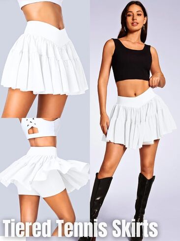 Womens Pleated Tennis Skorts with Pockets, Ruffle Flowy Layered Skirt with Shorts, for Golf Workout Athletic in Saudi Arabia