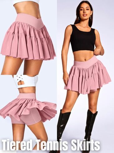 Womens Pleated Tennis Skorts with Pockets, Ruffle Flowy Layered Skirt with Shorts, for Golf Workout Athletic in Kuwait