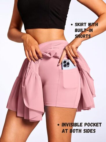 Womens Pleated Tennis Skorts with Pockets, Ruffle Flowy Layered Skirt with Shorts, for Golf Workout Athletic in Kuwait