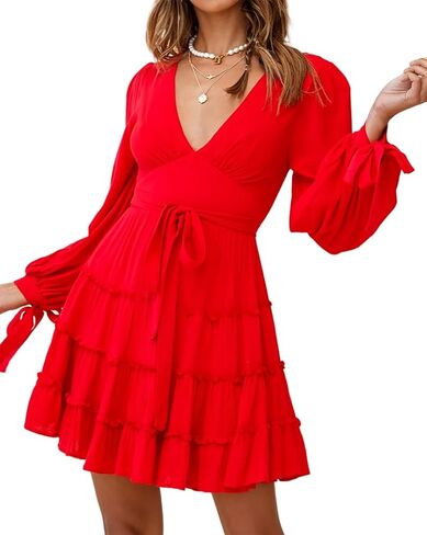 R.Vivimos Women's Cotton Fall Long Sleeves V Neck Tie Waist Casual Layered Ruffles Mini Swing Dresses in Kuwait