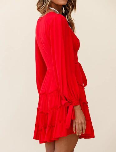 R.Vivimos Women's Cotton Fall Long Sleeves V Neck Tie Waist Casual Layered Ruffles Mini Swing Dresses in Kuwait