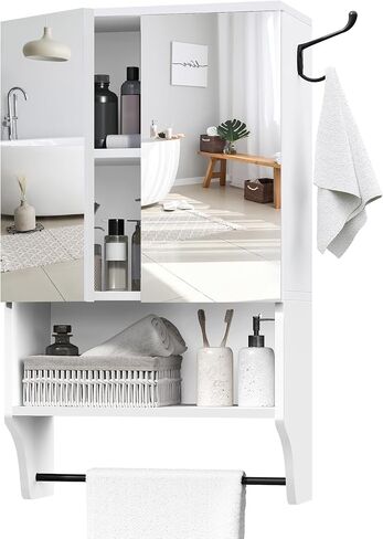 Bathroom Wall Cabinet with Mirror, Wall Mounted Medicine Cabinets with 2 Door and Adjustable Shelves, Over The Toilet Storage Cabinet with Towel Bar, for Bathroom Laundry, White in Saudi Arabia