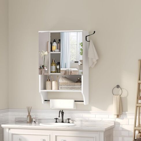 Bathroom Wall Cabinet with Mirror, Wall Mounted Medicine Cabinets with 2 Door and Adjustable Shelves, Over The Toilet Storage Cabinet with Towel Bar, for Bathroom Laundry, White in Saudi Arabia
