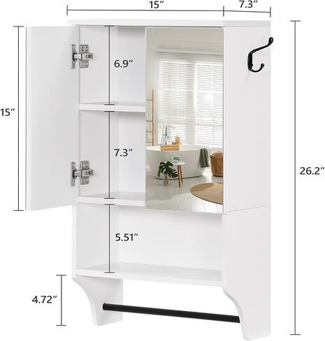 Bathroom Wall Cabinet with Mirror, Wall Mounted Medicine Cabinets with 2 Door and Adjustable Shelves, Over The Toilet Storage Cabinet with Towel Bar, for Bathroom Laundry, White in Saudi Arabia