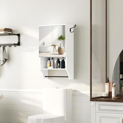 Bathroom Wall Cabinet with Mirror, Wall Mounted Medicine Cabinets with 2 Door and Adjustable Shelves, Over The Toilet Storage Cabinet with Towel Bar, for Bathroom Laundry, White in Saudi Arabia