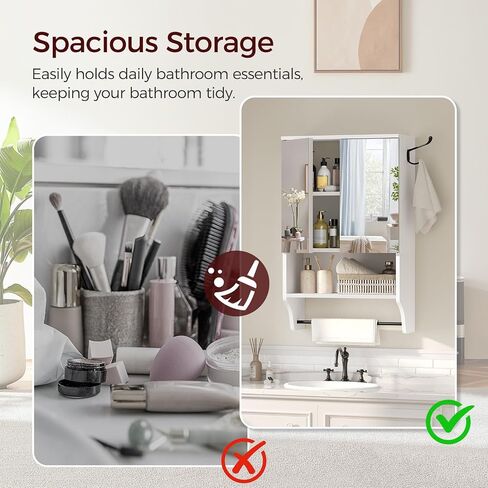Bathroom Wall Cabinet with Mirror, Wall Mounted Medicine Cabinets with 2 Door and Adjustable Shelves, Over The Toilet Storage Cabinet with Towel Bar, for Bathroom Laundry, White in Saudi Arabia