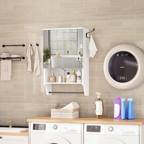 Bathroom Wall Cabinet with Mirror, Wall Mounted Medicine Cabinets with 2 Door and Adjustable Shelves, Over The Toilet Storage Cabinet with Towel Bar, for Bathroom Laundry, White in Saudi Arabia