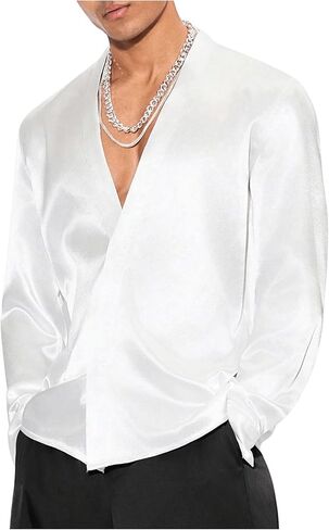 Floerns Men's Wedding Long Sleeve V Neck Shirts Shiny Satin Prom Party Club Shirts in Kuwait