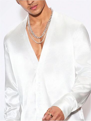 Floerns Men's Wedding Long Sleeve V Neck Shirts Shiny Satin Prom Party Club Shirts in Kuwait