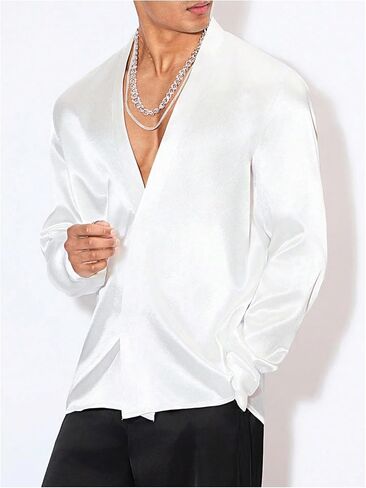 Floerns Men's Wedding Long Sleeve V Neck Shirts Shiny Satin Prom Party Club Shirts in Kuwait