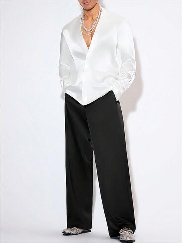 Floerns Men's Wedding Long Sleeve V Neck Shirts Shiny Satin Prom Party Club Shirts in Kuwait