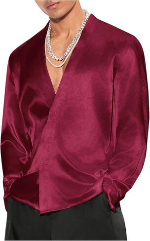 Floerns Men's Wedding Long Sleeve V Neck Shirts Shiny Satin Prom Party Club Shirts in Kuwait