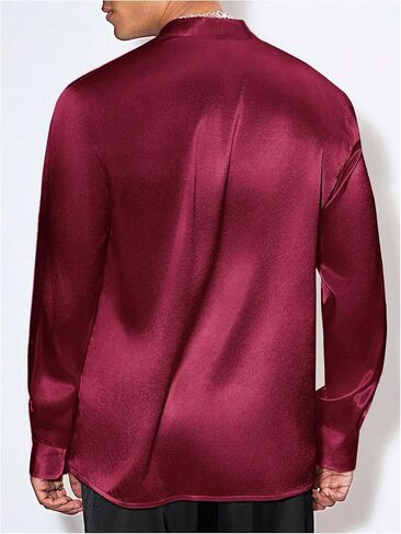 Floerns Men's Wedding Long Sleeve V Neck Shirts Shiny Satin Prom Party Club Shirts in Kuwait