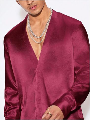 Floerns Men's Wedding Long Sleeve V Neck Shirts Shiny Satin Prom Party Club Shirts in Kuwait