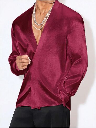 Floerns Men's Wedding Long Sleeve V Neck Shirts Shiny Satin Prom Party Club Shirts in Kuwait
