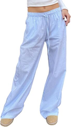Women Plaid Striped Pants Elastic Waist Wide Leg Gingham Plaid Print Pajama Pants Casual Lounge Trousers in Saudi Arabia