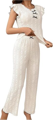 طقم بيجامة نسائي مكون من قطعتين من MakeMeChic مكون من تي شيرت وسروال متباين مزخرف مجموعة Pjs in Saudi Arabia