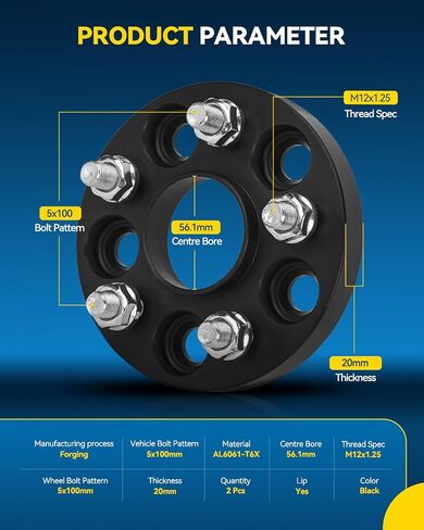 فاصل عجلة PHILTOP 5x100، فواصل عجلة مركزية 20 مم مناسبة للغابات، Crosstrek، Outback، Impreza، XV Crosstrek، FR-S، BRZ، Baja، Thread Pitch M12x1.25 Hub Bore 56.1 مم - قطعتان in Saudi Arabia