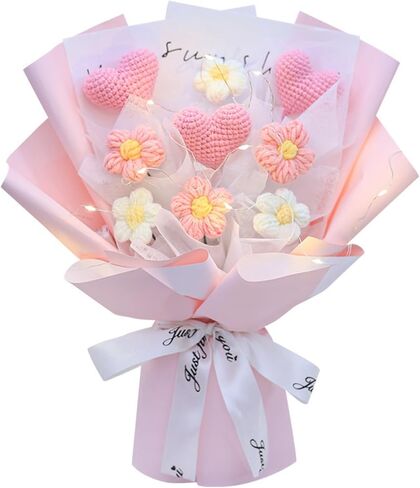 Valentine's Day Crochet Handmade Heart and Puffs Flowers Bouquet Gift, Artificial Handmade Crochet Heart Shaped Knitting for Girlfriend Mother, Birthday Wedding Gift(Pink) in Saudi Arabia
