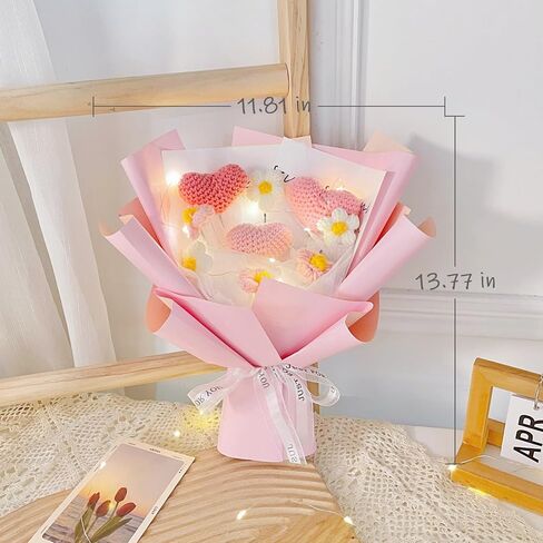 Valentine's Day Crochet Handmade Heart and Puffs Flowers Bouquet Gift, Artificial Handmade Crochet Heart Shaped Knitting for Girlfriend Mother, Birthday Wedding Gift(Pink) in Saudi Arabia