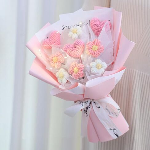 Valentine's Day Crochet Handmade Heart and Puffs Flowers Bouquet Gift, Artificial Handmade Crochet Heart Shaped Knitting for Girlfriend Mother, Birthday Wedding Gift(Pink) in Saudi Arabia