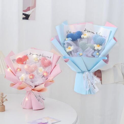 Valentine's Day Crochet Handmade Heart and Puffs Flowers Bouquet Gift, Artificial Handmade Crochet Heart Shaped Knitting for Girlfriend Mother, Birthday Wedding Gift(Pink) in Saudi Arabia