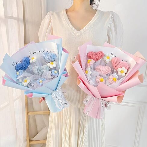 Valentine's Day Crochet Handmade Heart and Puffs Flowers Bouquet Gift, Artificial Handmade Crochet Heart Shaped Knitting for Girlfriend Mother, Birthday Wedding Gift(Pink) in Saudi Arabia