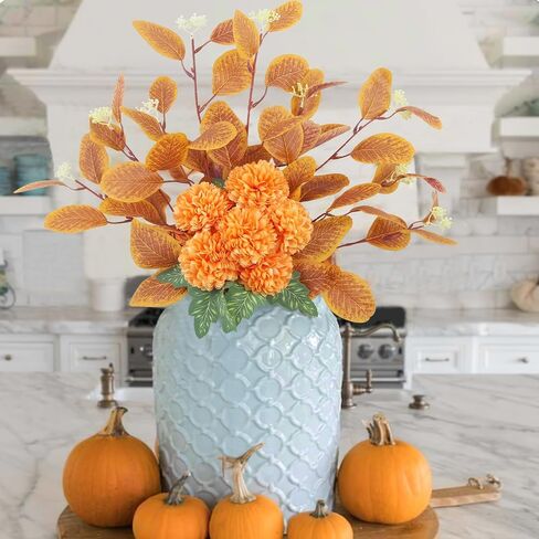 Artificial Flowers for Decoration Artificial Chrysanthemum Ball Flowers Bouquet Faux Eucalyptus Leaves Blue Silk Flowers Hydrangea with Stems for Table Centerpieces Home Wedding Party Decor in Saudi Arabia