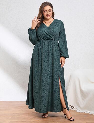 فستان KOJOOIN نسائي طويل مقاس كبير ملفوف وأكمام طويلة وخصر إمبراطوري وفتحة جانبية فساتين كاجوال in Kuwait