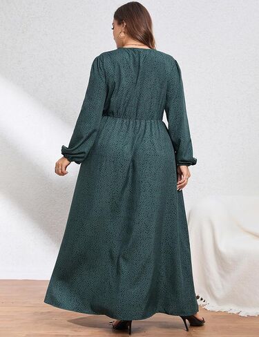 فستان KOJOOIN نسائي طويل مقاس كبير ملفوف وأكمام طويلة وخصر إمبراطوري وفتحة جانبية فساتين كاجوال in Kuwait