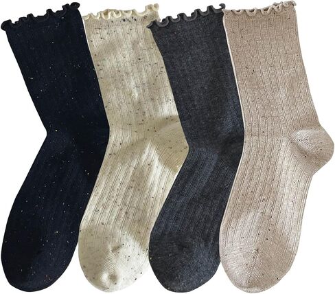 zrylibya Women Cute Ruffle Ankle Socks Scalloped Pointelle Solid Basic Style Casual Crew Socks 4 Pairs in Kuwait