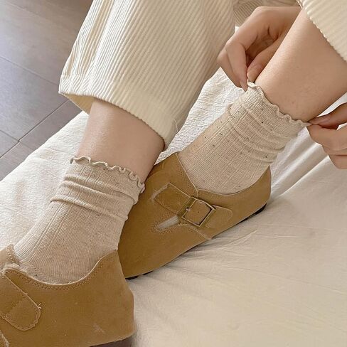 zrylibya Women Cute Ruffle Ankle Socks Scalloped Pointelle Solid Basic Style Casual Crew Socks 4 Pairs in Kuwait