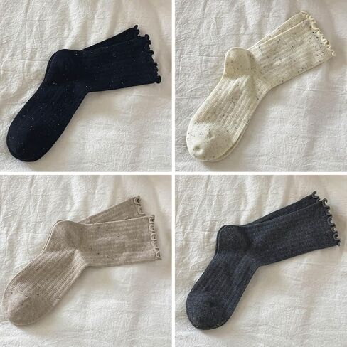 zrylibya Women Cute Ruffle Ankle Socks Scalloped Pointelle Solid Basic Style Casual Crew Socks 4 Pairs in Kuwait