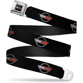 GM General Motors Belt, Seatbelt Buckle Belt, Corvette C4 Checker Bowtie Logo Black, 44 to 63 Inches