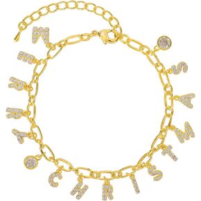 Gold MERRY CHRISTMAS Letter Charm Link Bracelet for Women 14K Gold Plated Christmas Bracelet with Cute Dangle Cubic Zirconia Pendant Bracelet Adjustable Chain Party Trendy Xmas Jewelry Gift for Women