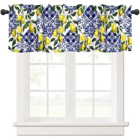 Blue Tiles Lemon Valance Curtain Summer Fruit Chic Rod Pocket Valance Window Treatments Short Curtains for Kitchen Farmhouse Living Room Bathroom Decor 54x18inch